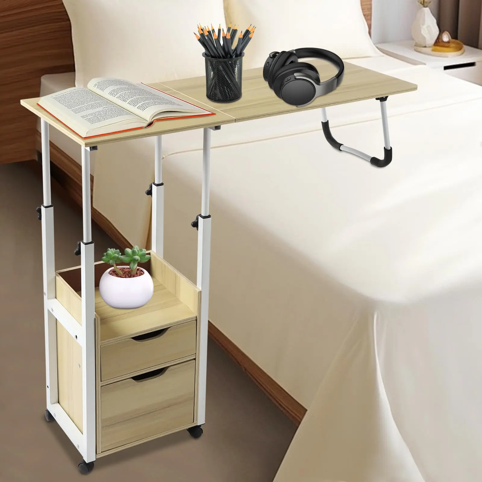 Freestanding Overbed Table with Drawers, Foldable over Bed Desk with Adjustable Height Bedroom Side Table with Wheels Mobile Com