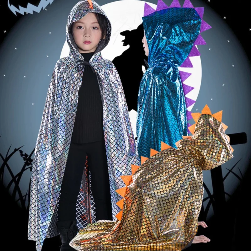 Mantello da dinosauro con paillettes Costume cosplay di Halloween Mantello con cappuccio per bambini Ragazzi Festival Festa Carnevale Mantello per bambini con cappuccio O