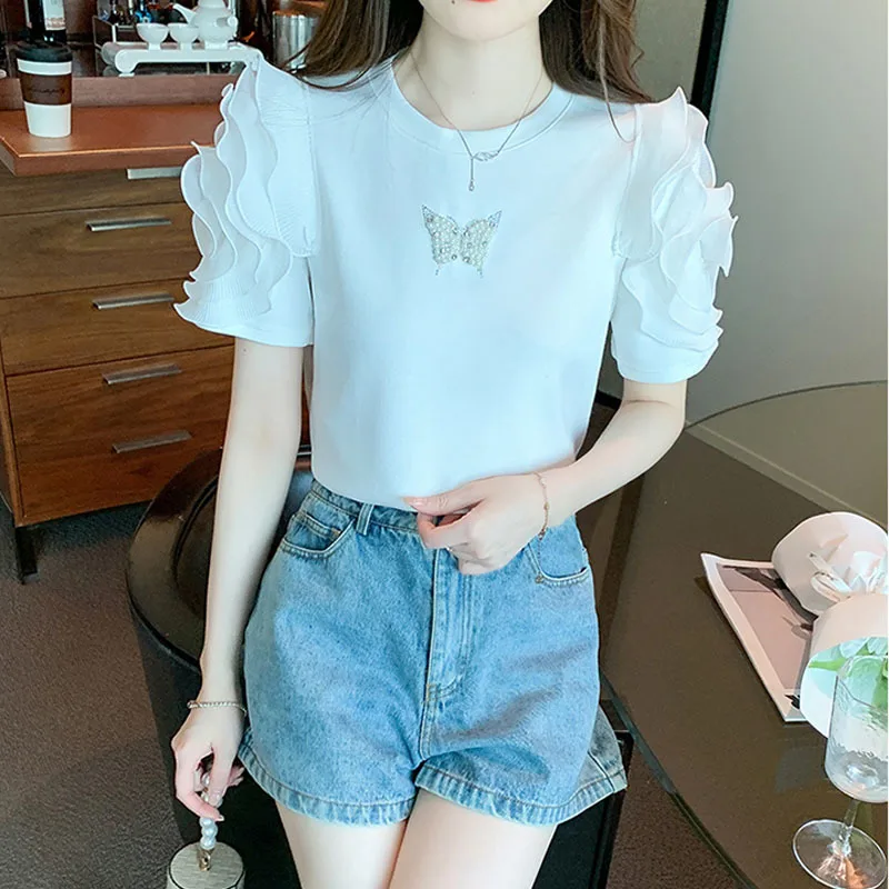 Chic Ruffle Short Sleeve O-neck Woman Tshirts Fashion O-neck Summer Blusas De Verano Mujer 2023 New Tee Tops