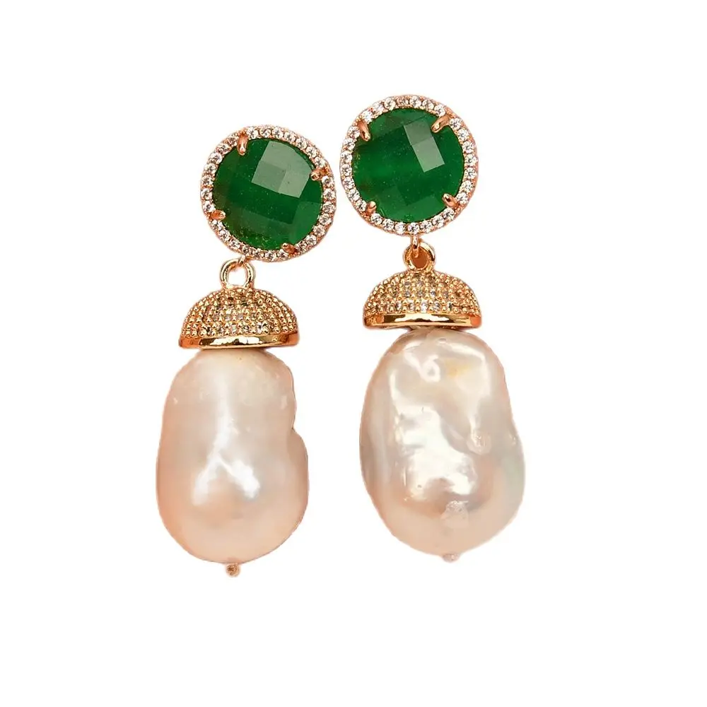 GG Cultured White Keshi Pearl Green Jade Drop CZ Cap bead Earrings Women's Classic Pearl Earrings