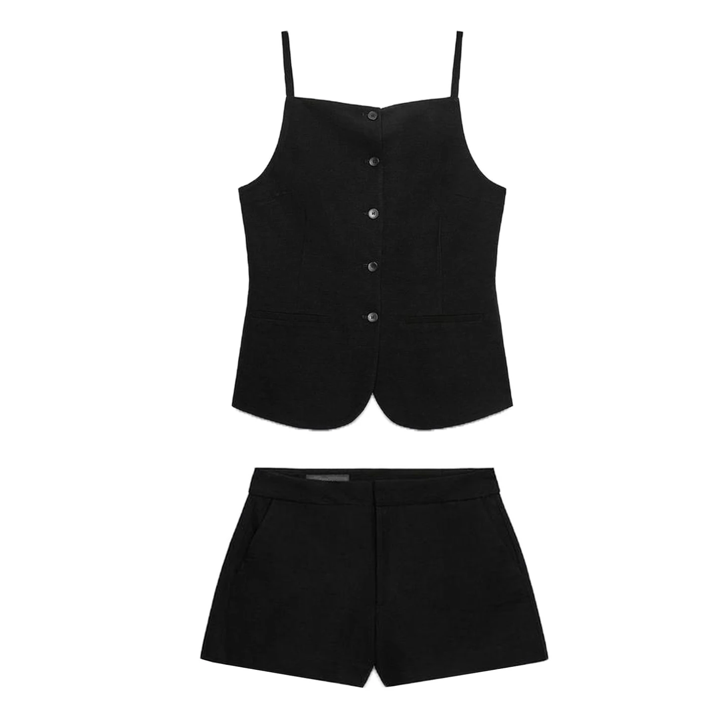 Conjunto de Dos Piezas para Mujer, Estilo Casual, Top Tipo Ceco de Lino, Plones Cortos de Cintura Media, Cuello Redond...