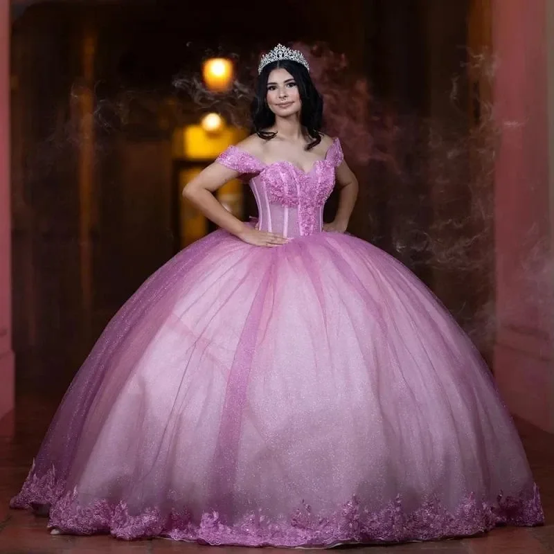 Lila claro fuera del hombro Vestidos De quinceañera Tull fiesta De cumpleaños corsé vestido De baile Vestidos De 15 Anos personalizado