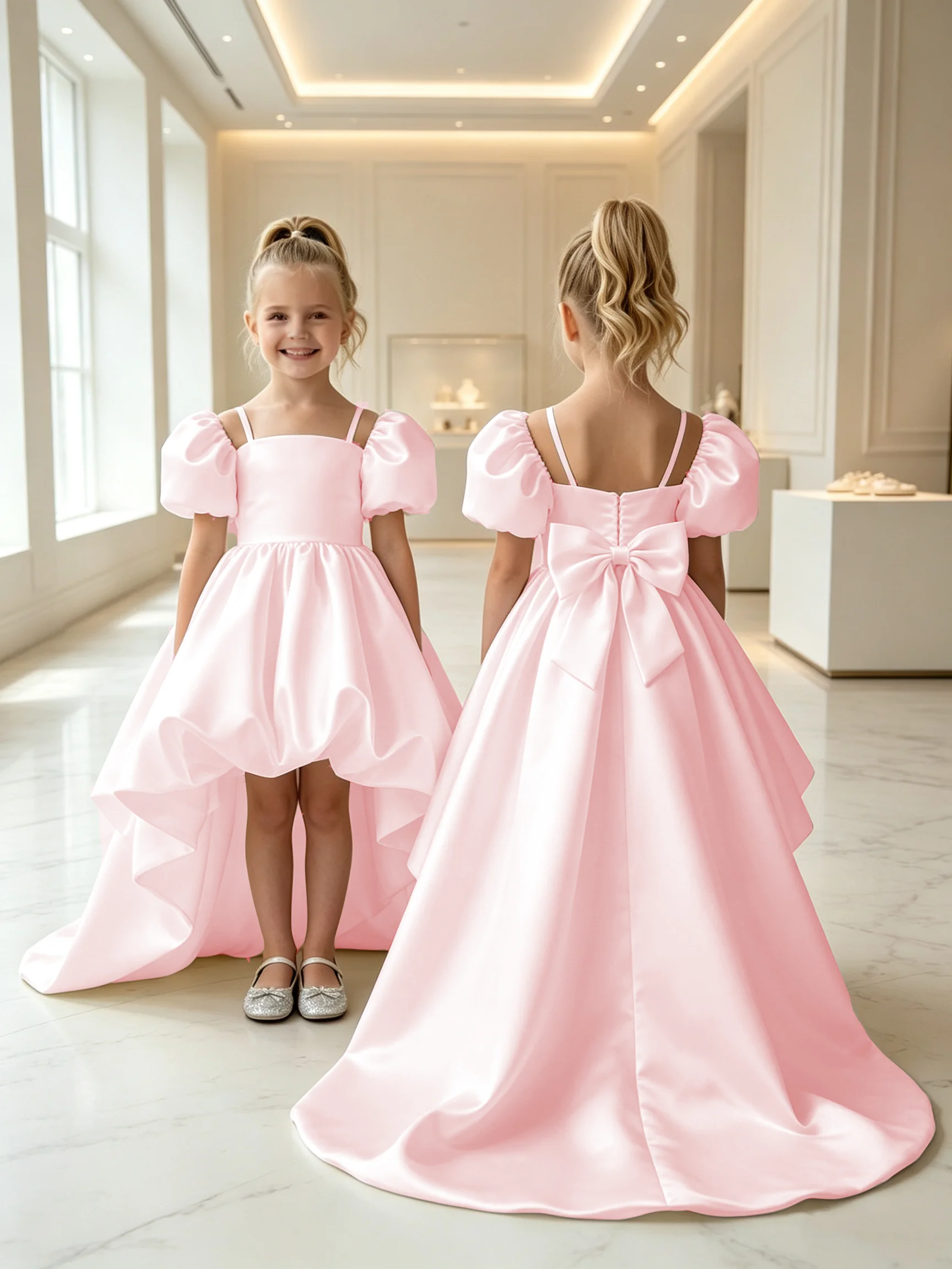 Pink High Low Satin with Train Short Sleeves Spaghetti Straps Design Flower Girl Dress Fluffy First Communion Customized