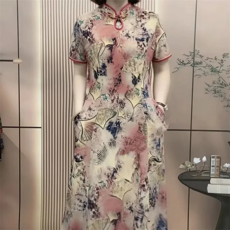 

2023 Mom's Summer New Improved Qipao Short Sleeve Dress Middle and Old Age Retro Temperament Mid length Large Swing Skirt