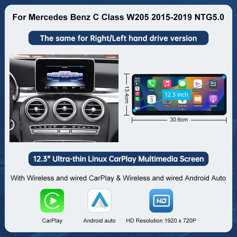 Road Top 12.3 inch ultradunne multimedia Carplay display voor Benz C-Klasse W205 GLC V-Klasse W447 2015-2019 NTG5.0 touchscreen