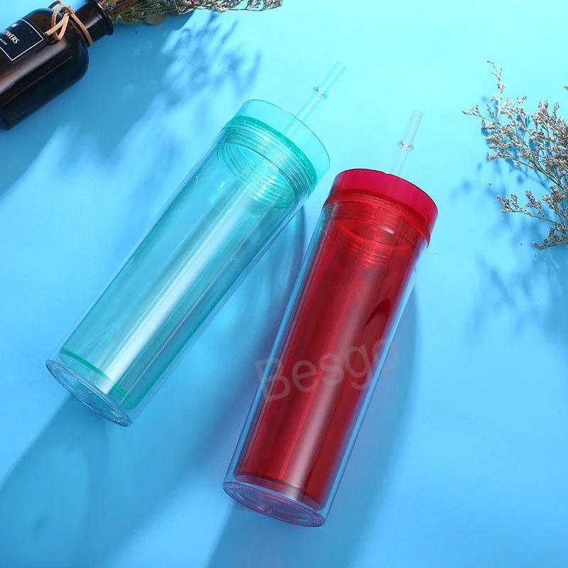 450ml Double Layer Plastic Cup Transparent Drinks Milk Tea Mug Summer Sports Straw Cups Colorful Outdoor Travel Water Mugs