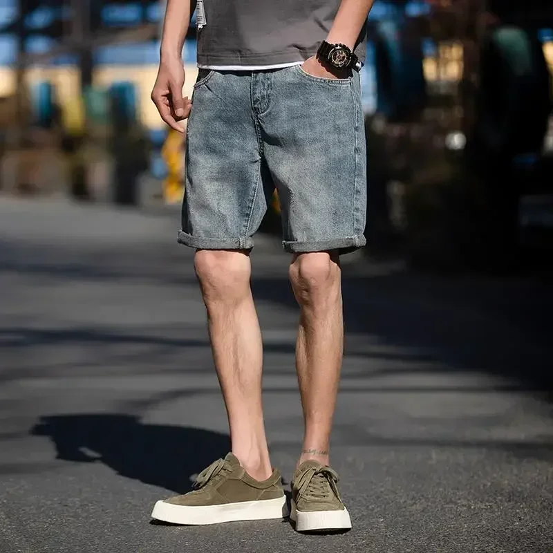 Short Jeans Pants For Men Bermuda With Pockets Man Denim Shorts Blue Baggy Sale Korean Fashion Cut Thin Jorts Trend Unique Wide