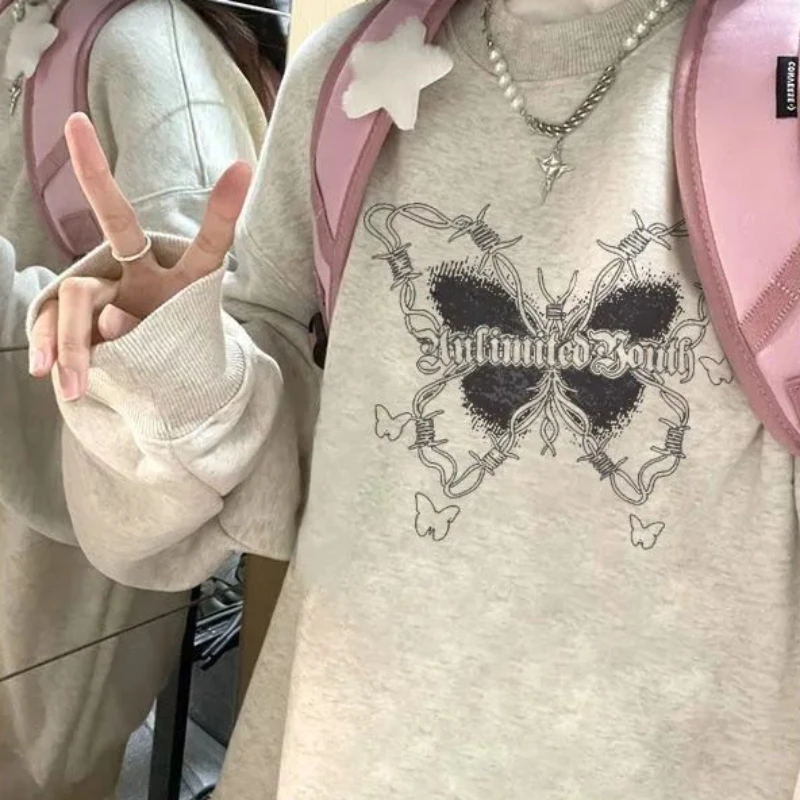 Sem chapéu hoodies feminino borboleta impressão streetwear mais veludo mais grosso baggy feminino manga longa all-match topos o pescoço quente macio