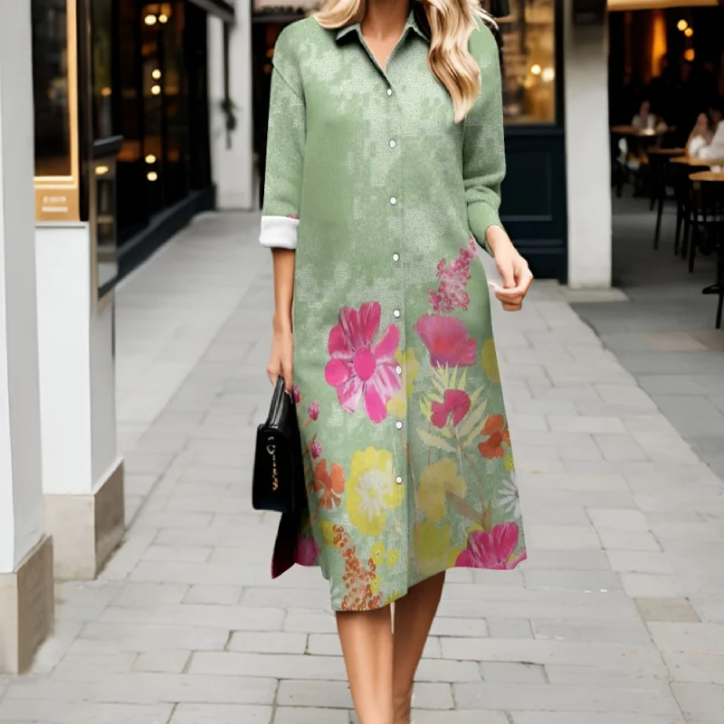 Autumn Floral Print Shirt Dress Women's New Fashion Stand Collar Long Dress Retro Long Sleeve Loose Comfortable Shirt Dress