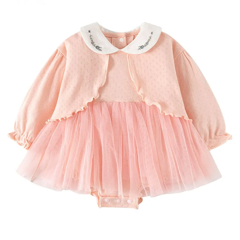 

Комплекты летней одежды из 2 предметов для девочек, корейские милые розовые сетчатые хлопковые топы с длинными рукавами + боди, товары для новорожденных, одежда для малышей B415