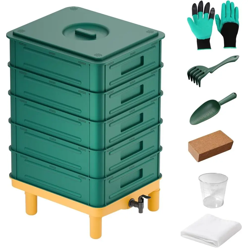 

5-Layer 85L Worm Composting Bin for Indoor & Outdoor Use - Vermicomposting Starter Kit for Food Waste Recycling
