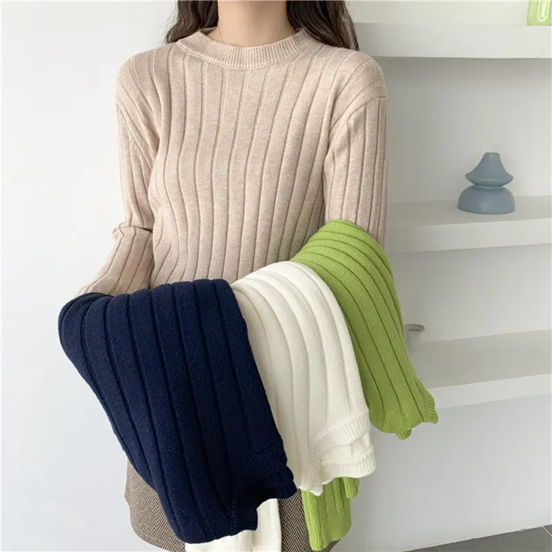 2022 Autumn Women O-Neck Retro Knitted Sweater Long Sleeve Vertical Stripes Knit Bottoming Shirts Loose Outer Sweaters Solid