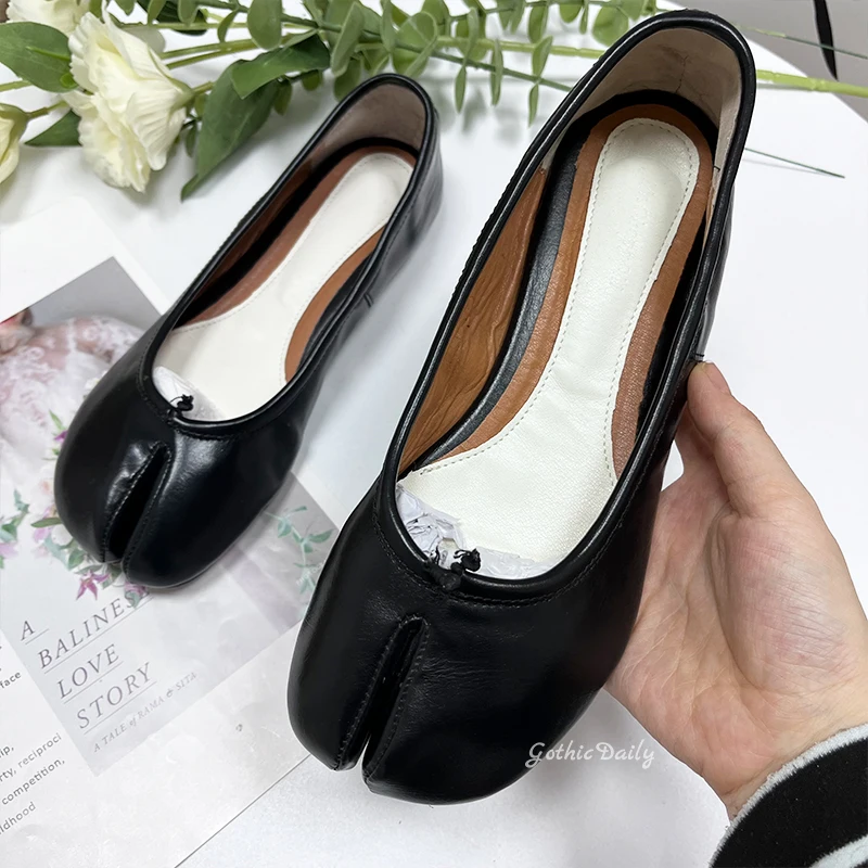 Women Tabi Split Toe Shoes Ballets Flat Mary Janes Designers Shoes Plus Size 44 Loafers Lolita Dress Black Ballerina Zapato Muje