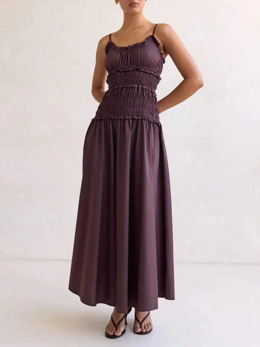 

Women Solid Color Smocked Ruffle Spaghetti Strap A-Line Flowy Maxi Dress For Party Vacation Beach