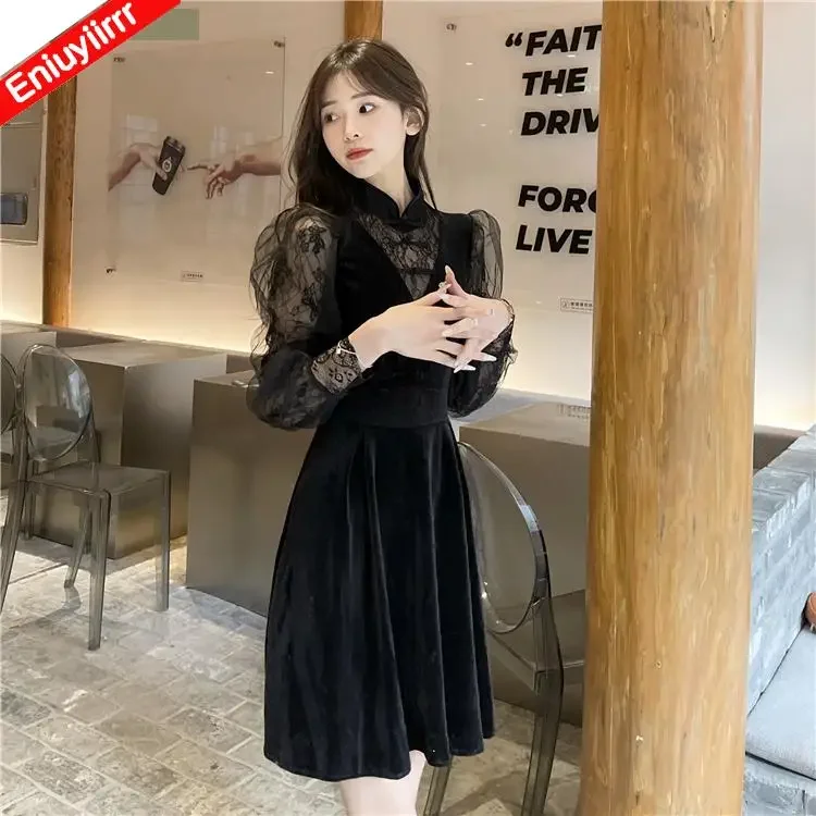 โรแมนติกดีไซน์ฝรั่งเศสชุดเดรสสีดำแฟชั่นผู้หญิงวินเทจย้อนยุคซีทรูลูกไม้ตาข่ายเสื้อทรงเอหญิงชุดเดรส