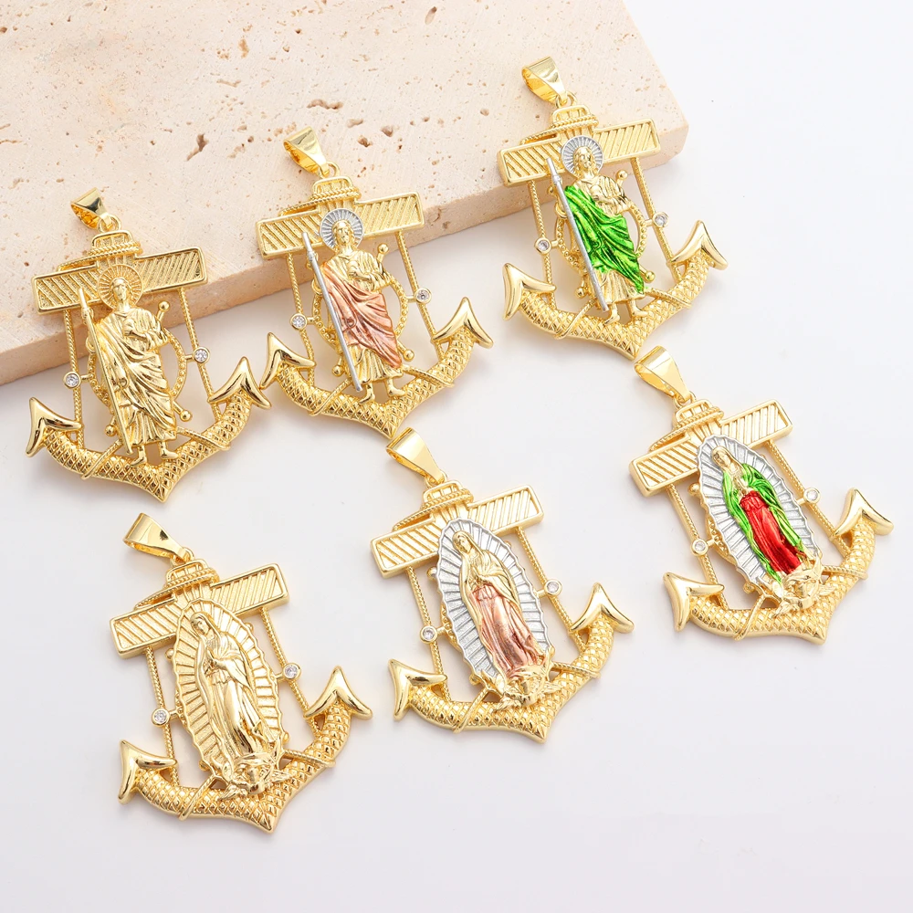 

Luck Fashion Religious Anchor 14k Gold Plated Oro Laminado Religious Three Tone Virgen De Guadalupe San Judas Tdeo Pendant