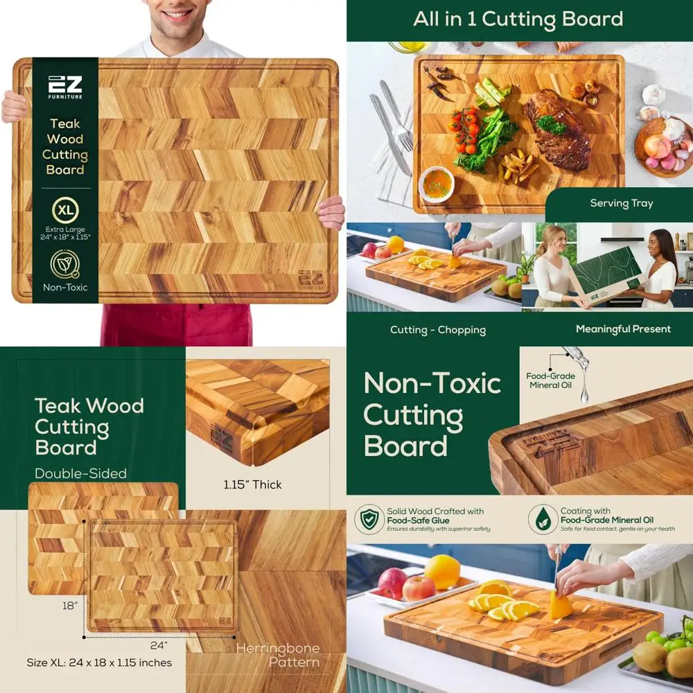 

Large Herringbone Teak Wood Cutting and Serving Board, Edge Grain with Juice Groove, Pre-Oiled, Handles, Food Grade