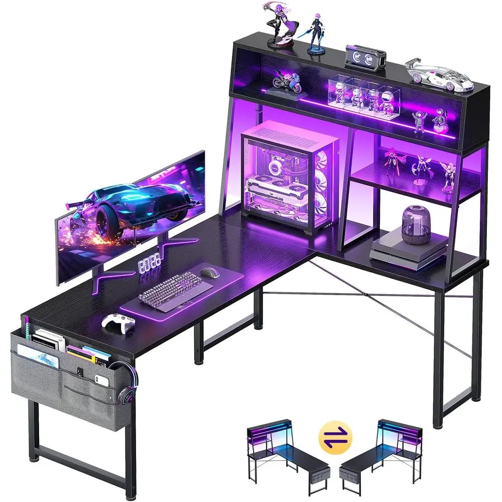 

51-дюймовый L-образный игровой стол со светодиодной подсветкой, с переставными полками и местом для хранения, идеально подходит для ПК-геймеров, черный