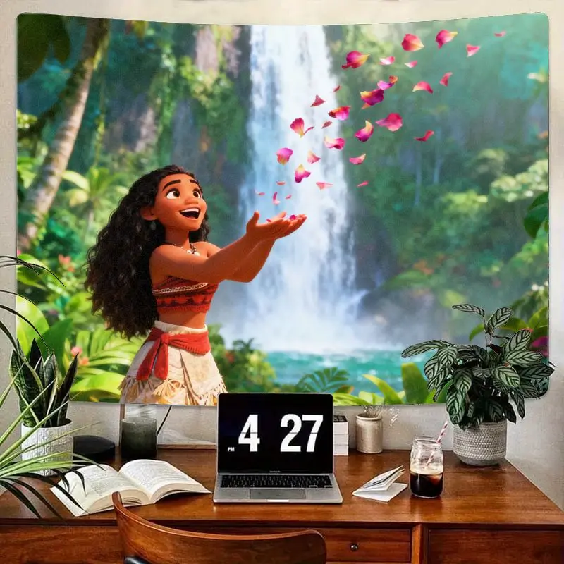 

1 шт. гобелен с тропическим водопадом Disney Moana, летающие лепестки, современное настенное искусство из полиэстера, декор для домашней комнаты, подарок для фанатов Моаны.