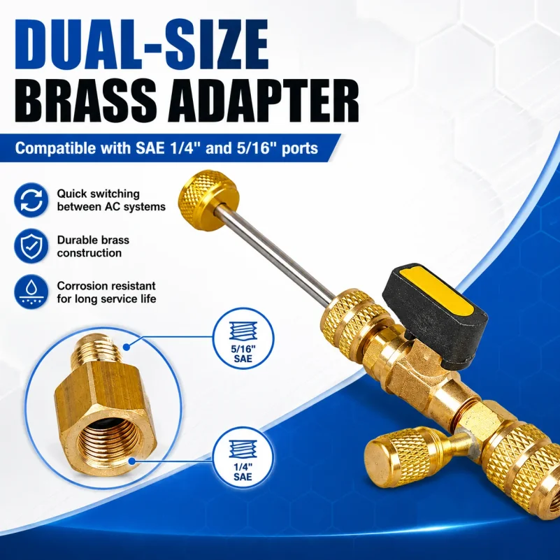 Valve Core Remover Installer Tool Kit with Dual Size 1/4 & 5/16 Port for with R22 R12 R407 R410 R404 R32 R600 HVAC System Repair