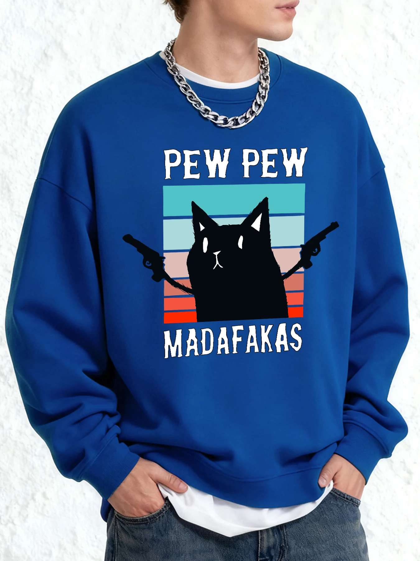 เสื้อสเวตเชิ้ตลายแมวพิมพ์ลาย Pew Pew Madafakas สำหรับผู้ชาย ไซส์ยุโรป สไตล์ลำลอง เนื้อผ้านุ่ม สปอร์ต คอกลม แนวเรโทร เสื้อผ้าฤดูใบไม้ร่วง ทรงโอเวอร์ไซส์