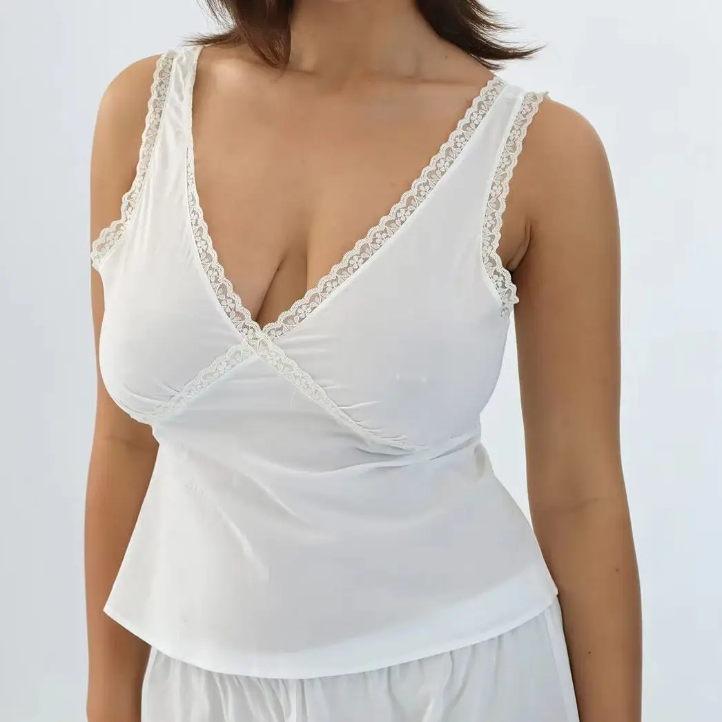 Cou Lace V-Neck Pure Cotton Camisole with Back Tie for Waist Cinching, Pure Desire Style Home Sleepwear Inner Top