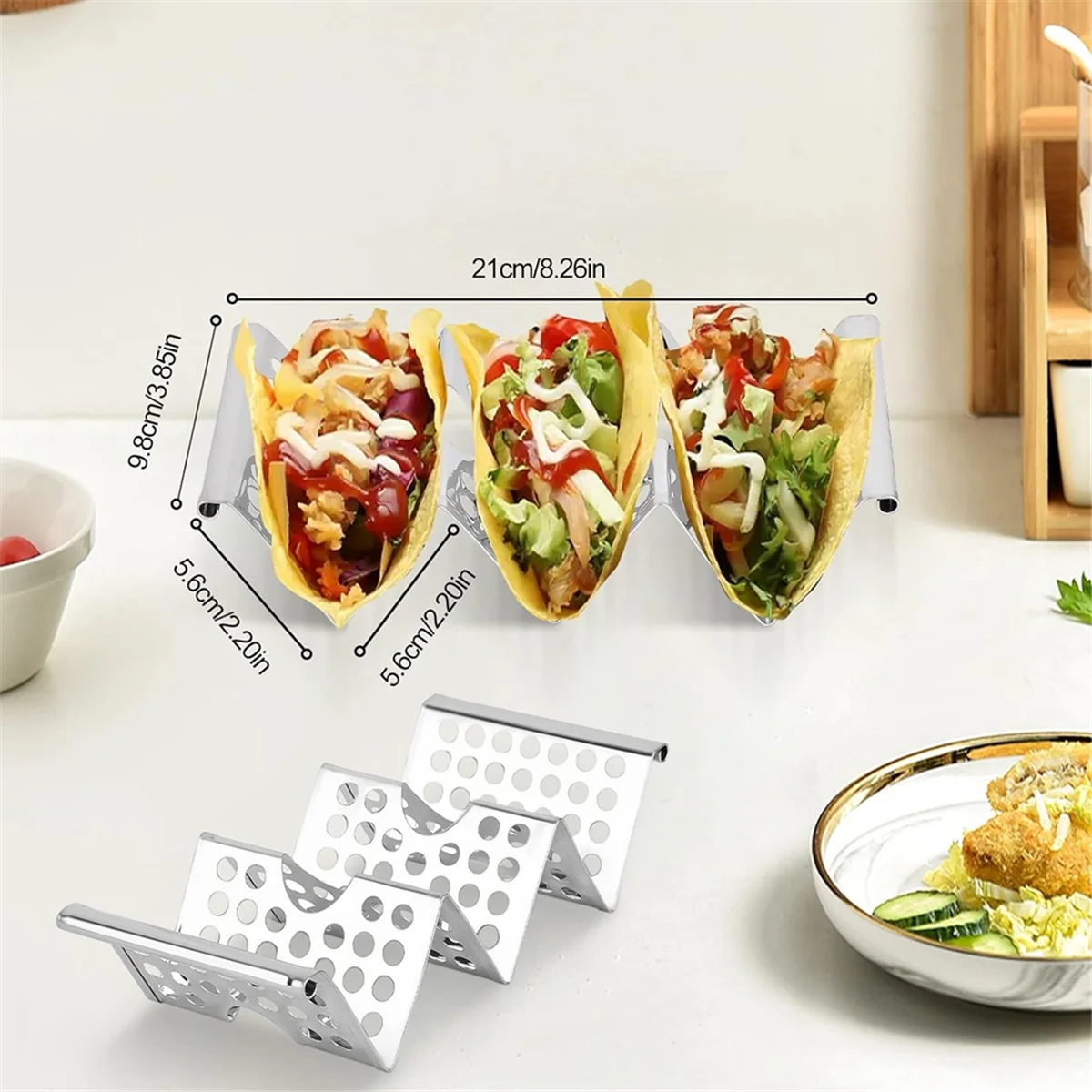 A95I-Taco-Halterständer, 4er-Pack Edelstahlständer mit Griffen, Taco-Tablett für bis zu 3 Tacos, Taco-Rack-Ständer