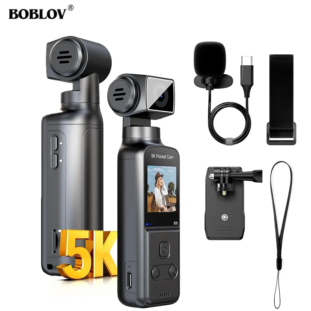 

BOBLOV 5K Body Camera with Microphone W5 Vlogging Camera 270° Rotating Lens Mini Bodycam External Mic Support EIS Stabilization