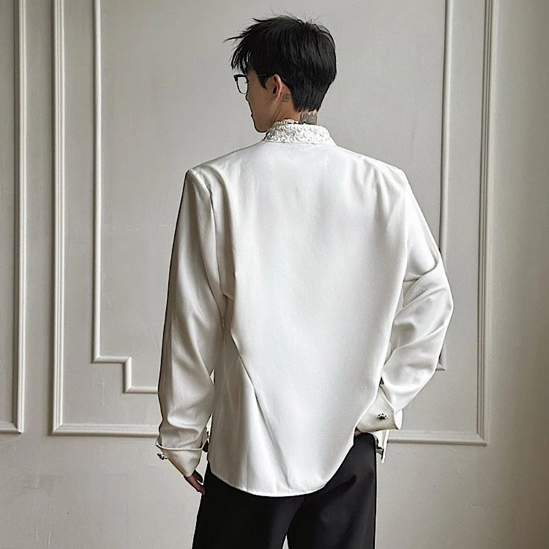 Style New Chinese Men's Embellished Shirt Stand Collar Beaded Trim Long Sleeve Casual Shoulder Pad Streetwear Top FVCV