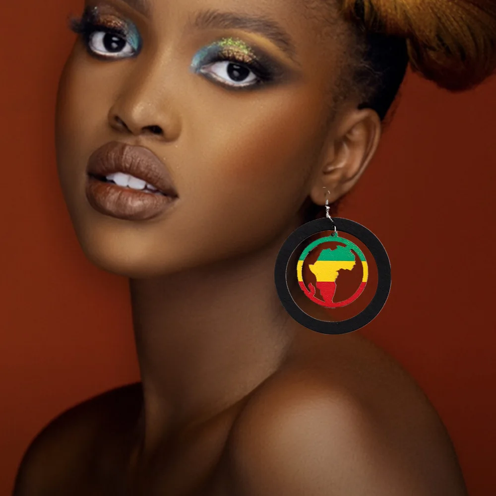 Africa Map  Hollow Wood Large Exaggerated Hip Hop Nightclub Amazon Earrings