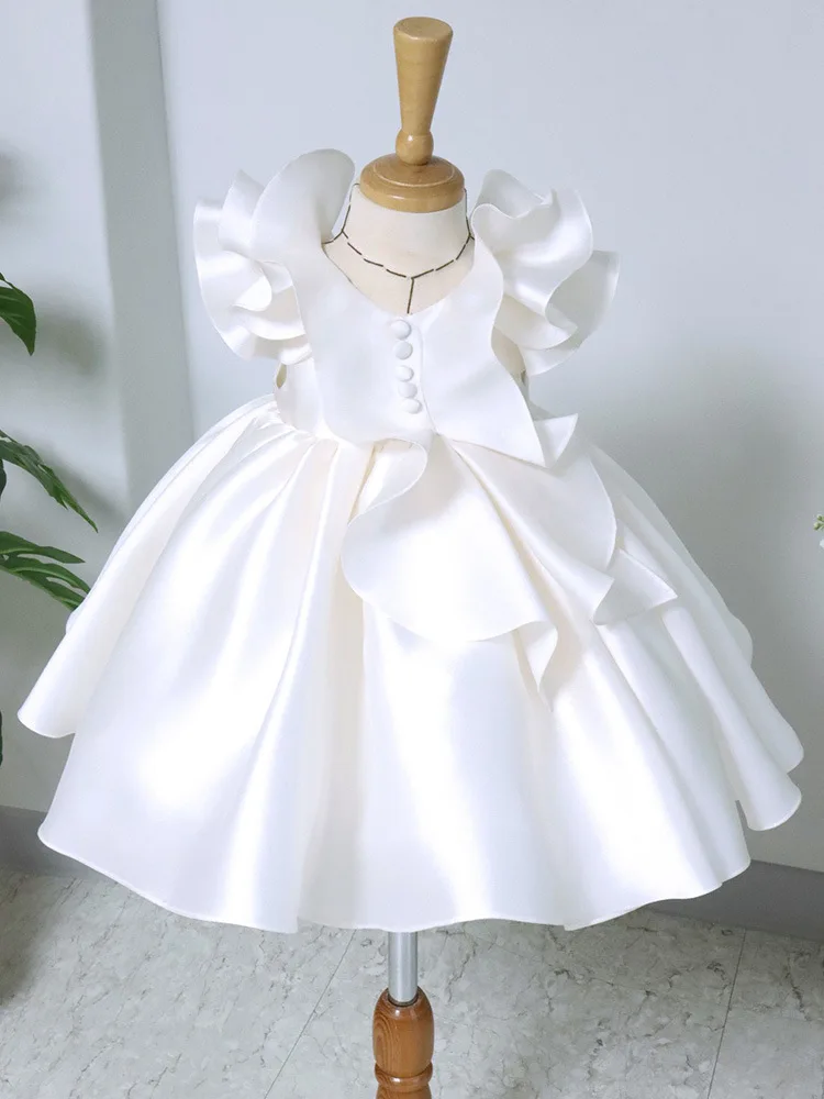 

Ruffle Sleeves Baby Girl Dress Satin Dress Wedding Flower Girl Dress Puffy Toddler Baby Dress 1st Birthday Chirstening Dress