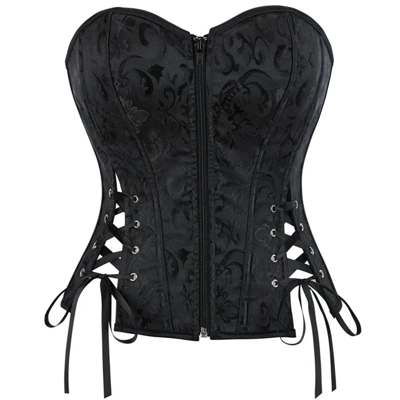 

Черный винтажный жаккардовый корсет с завышенной талией, топ, женский корсет на молнии спереди, сексуальный готический корсет для коррекции фигуры, бюстье, нижнее белье