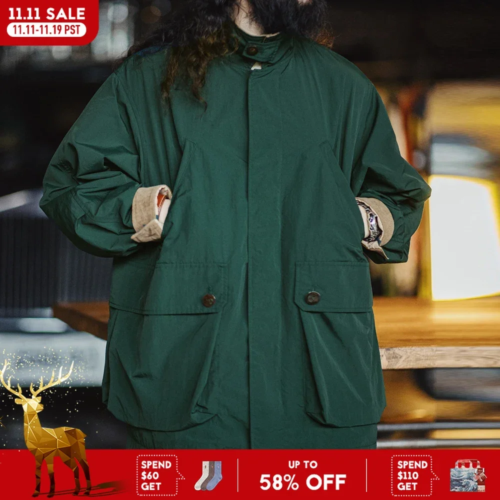 

Maden Retro Green Loose Corduroy Lapel Multi-pocket Safari Jacket Men's Classic Coat Versatile Outerwear for Spring and Autumn