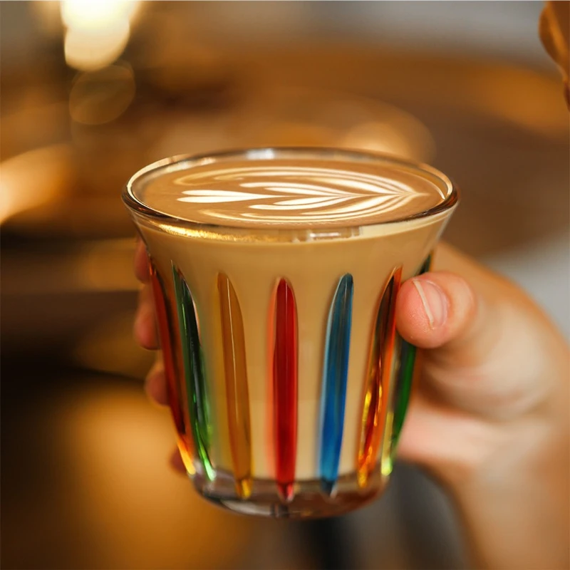 

Hand drawn colorful striped glass cup coffee cup,American latte Juice cup creative rainbow whiskey Drinking Glasses Home Barware