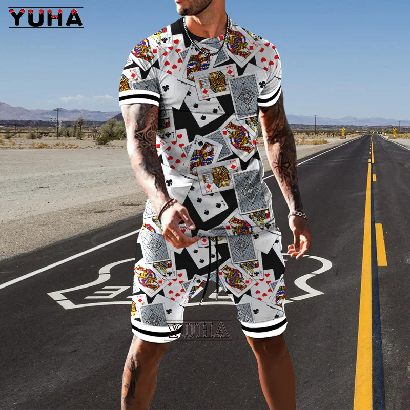 YUHA,Men\'s Vintage Streetwear 3D Printed T-shirt For Man High Quality Summer Tshirt Shorts Two Pieces Set Tracksuit Oversized Cl