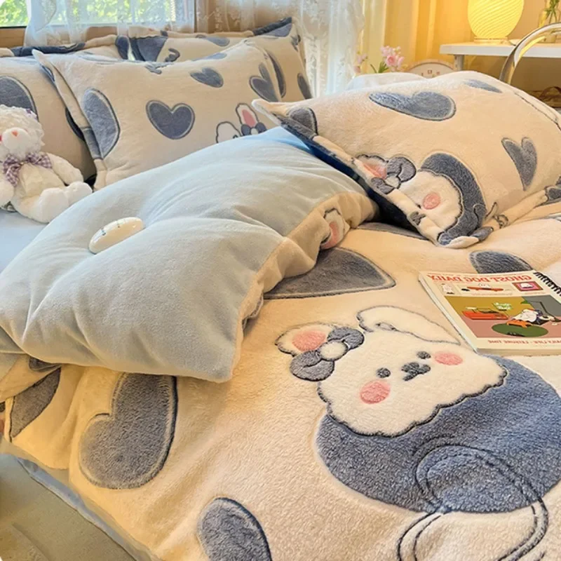 Winter Cartoon Plush Warm Duvet Cover Set with Sheet Pillowcase 4pcs Bedding Set Home Textiles Luxury Queen Size Bed Linens Set