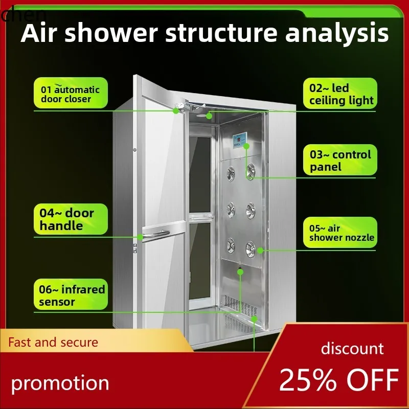 

HT Stainless Steel Air Shower for Single Person Double Blowing Buffer Cargo Shower Channel Dust-Free Workshop Air Shower Door