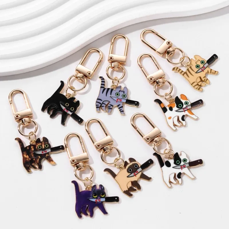 Cat Halloween Keychain Knife Carrying Assassin Cat Sweet Cool Style Keyring for Making Handmade DIY Jewelry