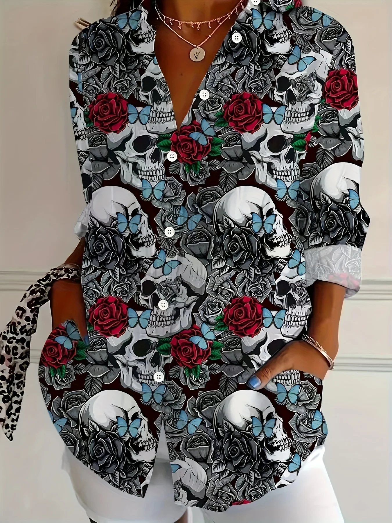 

Модная женская рубашка с длинными рукавами и черепом и цветочным принтом на Хэллоуин, топ в готическом стиле, подходящий для модной праздничной одежды y2k