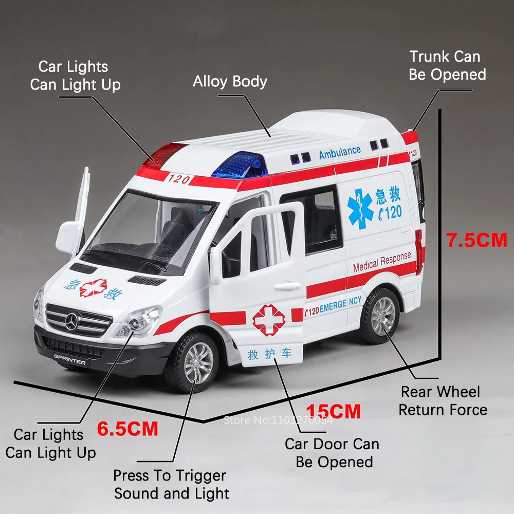 1:32 Sprinter Alloy Ambulance Toy Diecast Model Police Car 5 Doors Opened Sound Light Pull Back Miniature Models Children's Gift