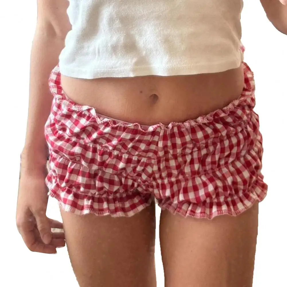 Plaid Shorts Lace Shorts Plaid Print Summer Women Shorts with Shirring Patchwork Slim Fit Low Waist Vacation Beach Style for A