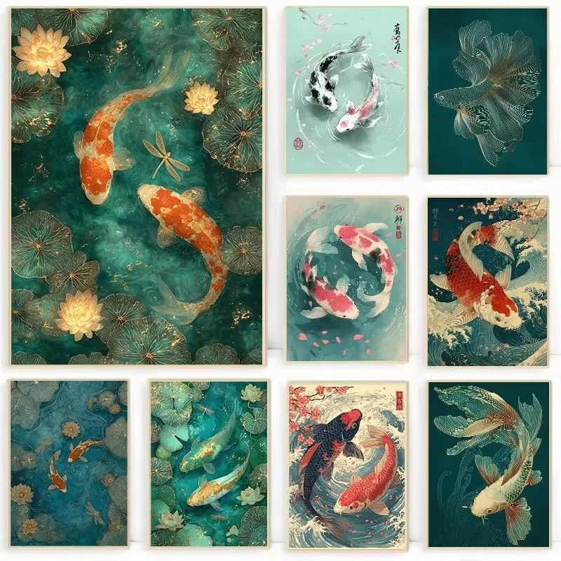Peinture par numéros DIY : Étang à carpes koï émeraude, aquarelle japonaise pour adultes débutants, toile, art mural zen, décoration intérieure, cadeau