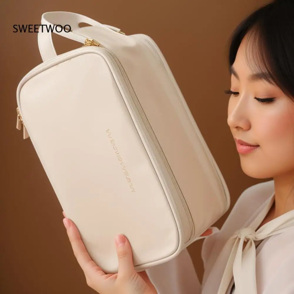Women's Multi-Compartment Handheld Makeup Bag, Minimalist Waterproof Pu Travel Toiletry Pouch