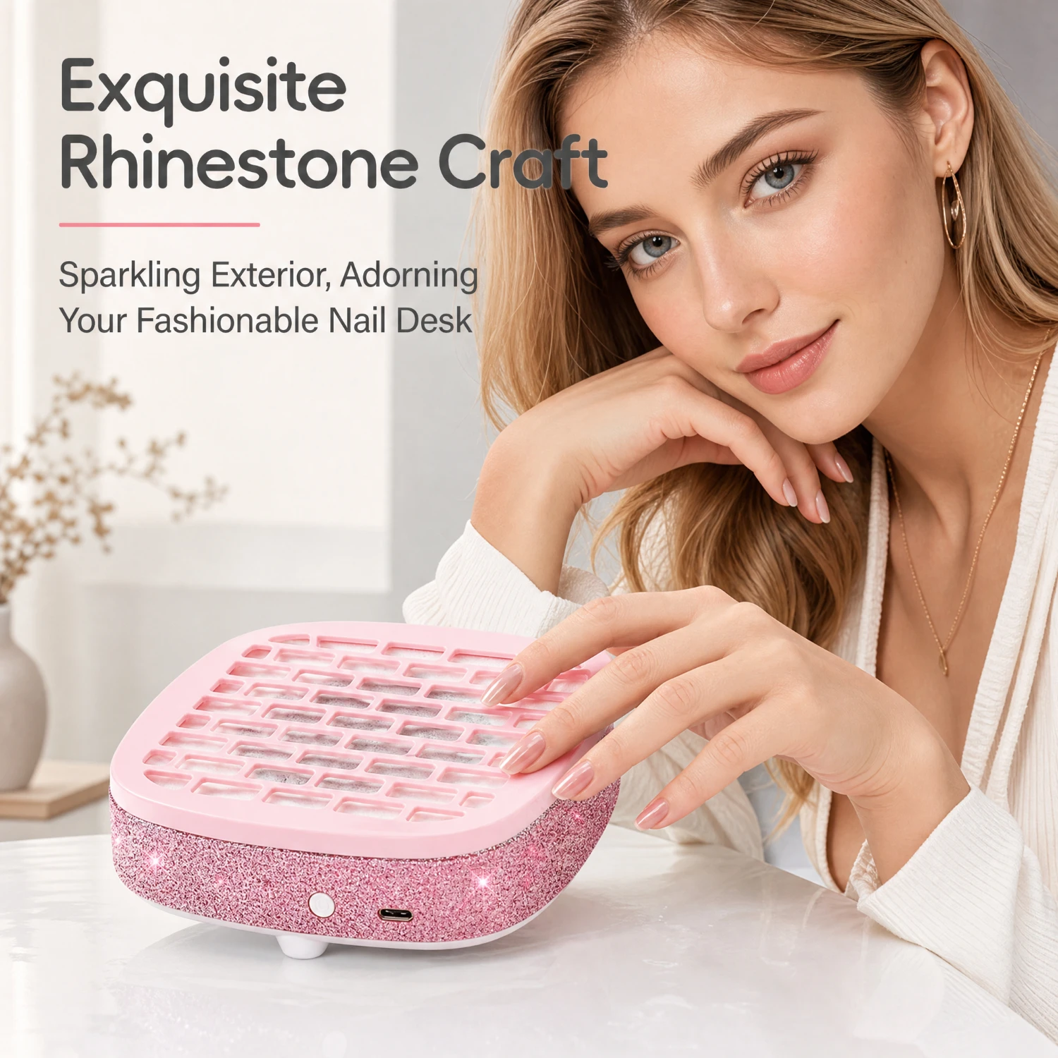 858‑M3 Nail Dust Collector, High‑Suction Low‑Noise Nail Vacuum Cleaner, Rhinestone‑Decorated Shell, Type‑C Power Supply, One‑Touch Switch, Removable Filter Cover, Comes with 10 Filter Papers, For Salon & Home Nail Art 5
