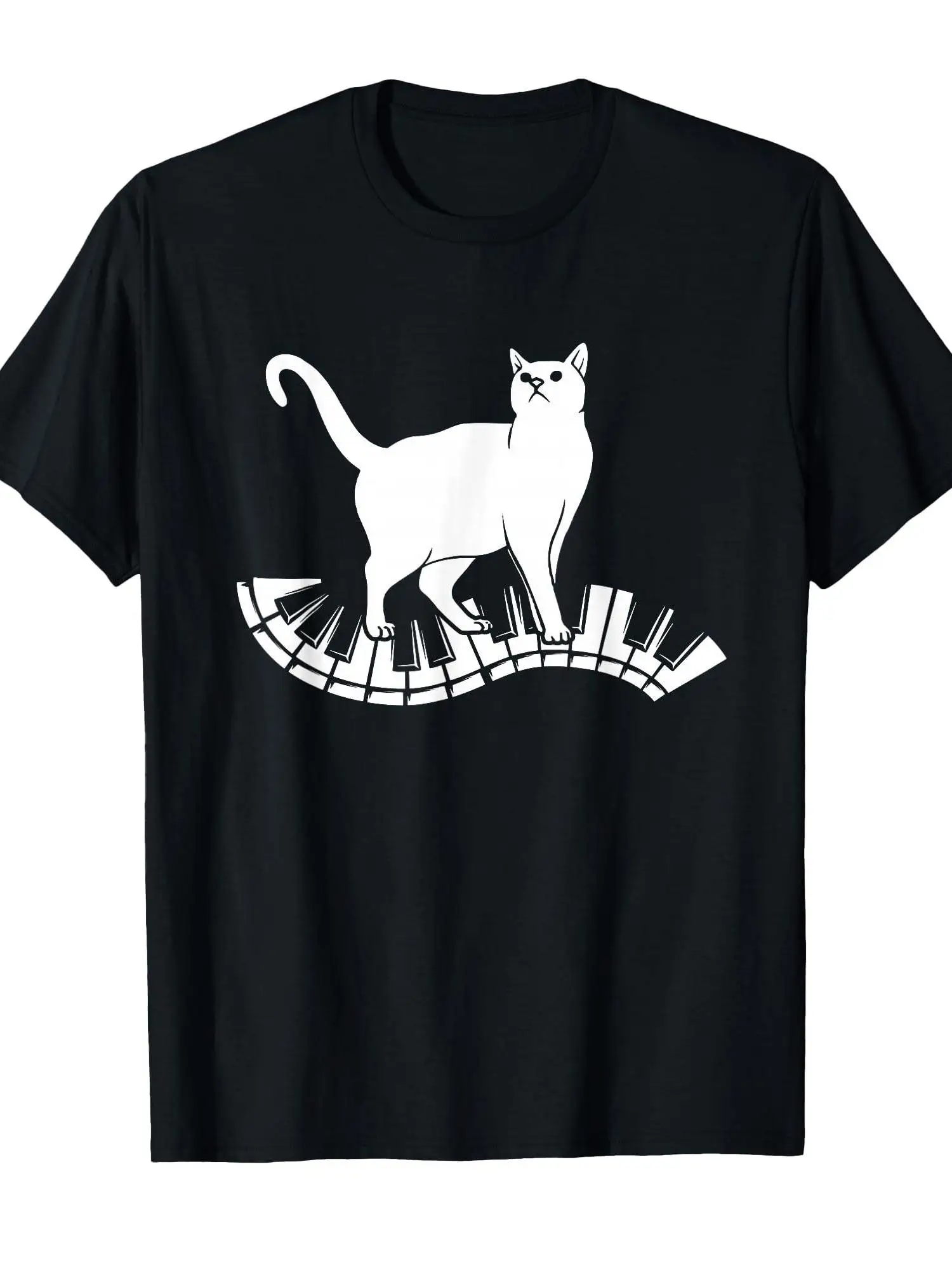 Camiseta divertida para amantes de la música con diseño de gato y piano - Top unisex de algodón suave con diseño de teclas de piano y huellas de gato