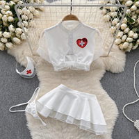 Hot Sweet Cosplay Uniform High Waist Hollow Ruffled Bubble Sleeve Short Top Cute Sexy Two Layer Sheer Short Skirt Two-piece Set