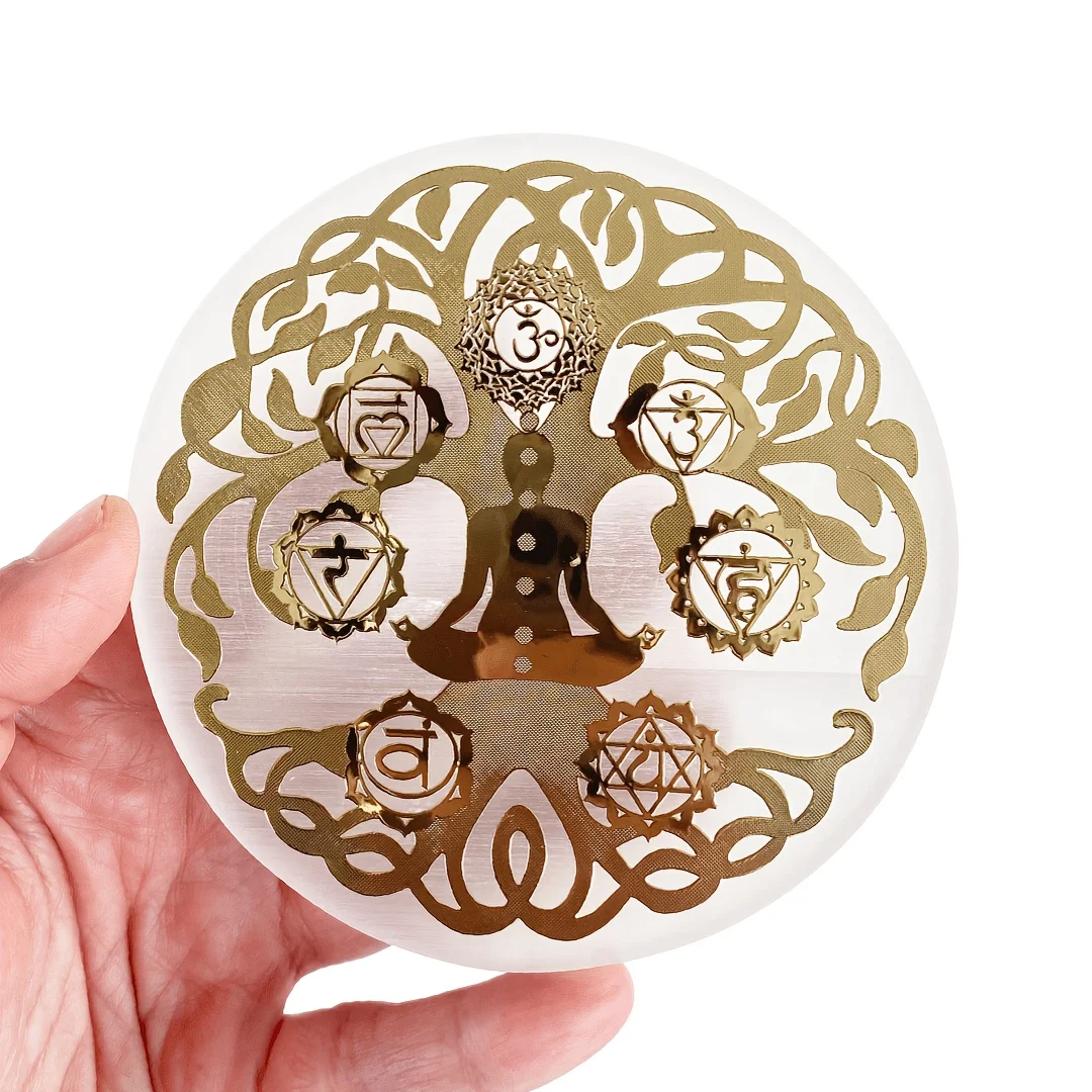 6cm Selenite Plate with Gold Designs, Natural Gypsum Selenite quartz pattern hand carved, Selenite coasters, decorative gift
