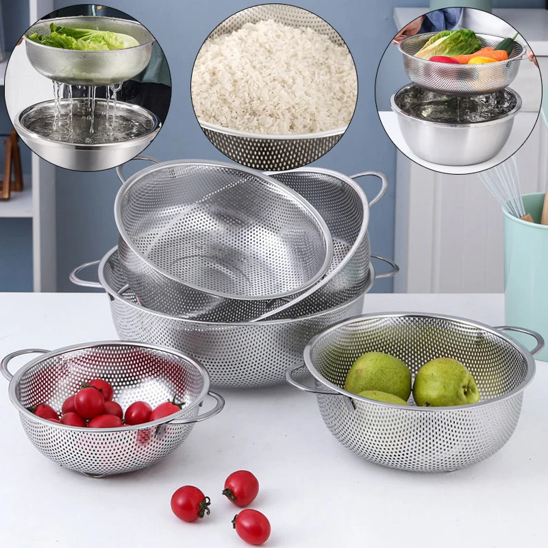 All Purpose Stainless Steel Fine Mesh Strainer Net Baskets With Handles Resting Base Colander Set Kitchen Supplies