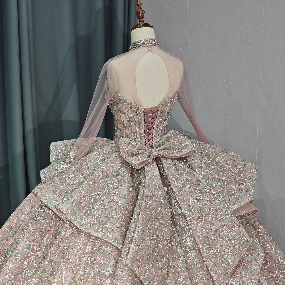 Encantador vestido de baile de quinceañera, manga larga, lentejuelas, cuello alto, 3D, Floral, cumpleaños, baile, fiesta, 15 años