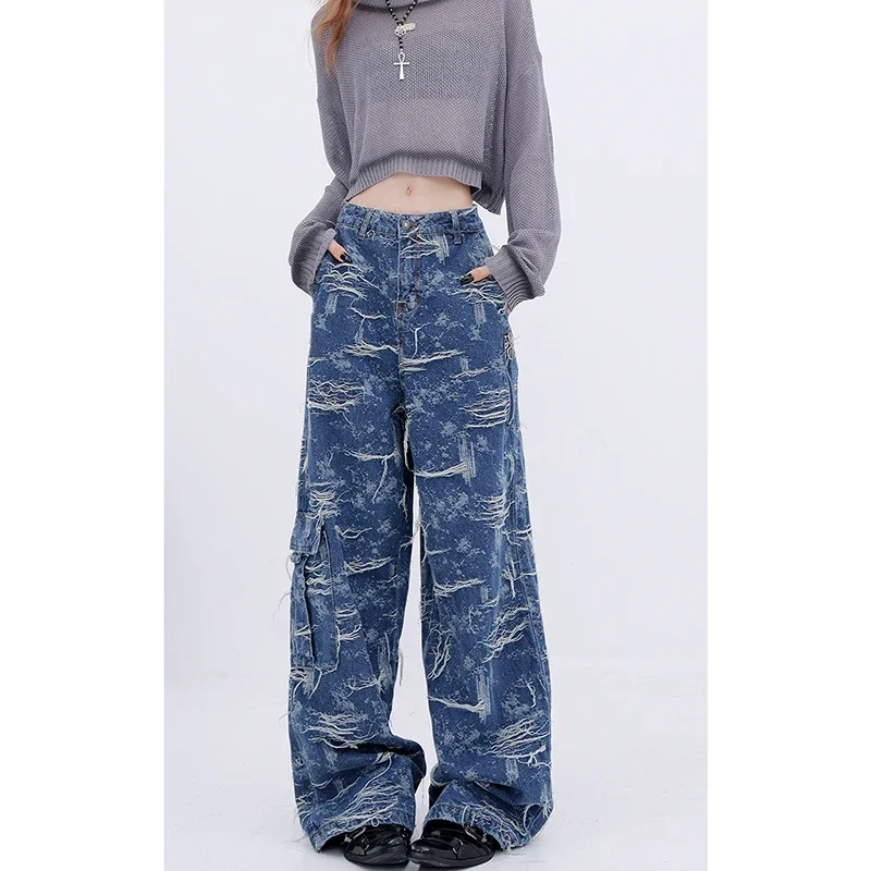 American Retro Y2K Streetwear Baggy Jeans Women Harajuku Wide Leg Cargo Pants Hip Hop Mutil Pockets Casual Trousers Pantalones